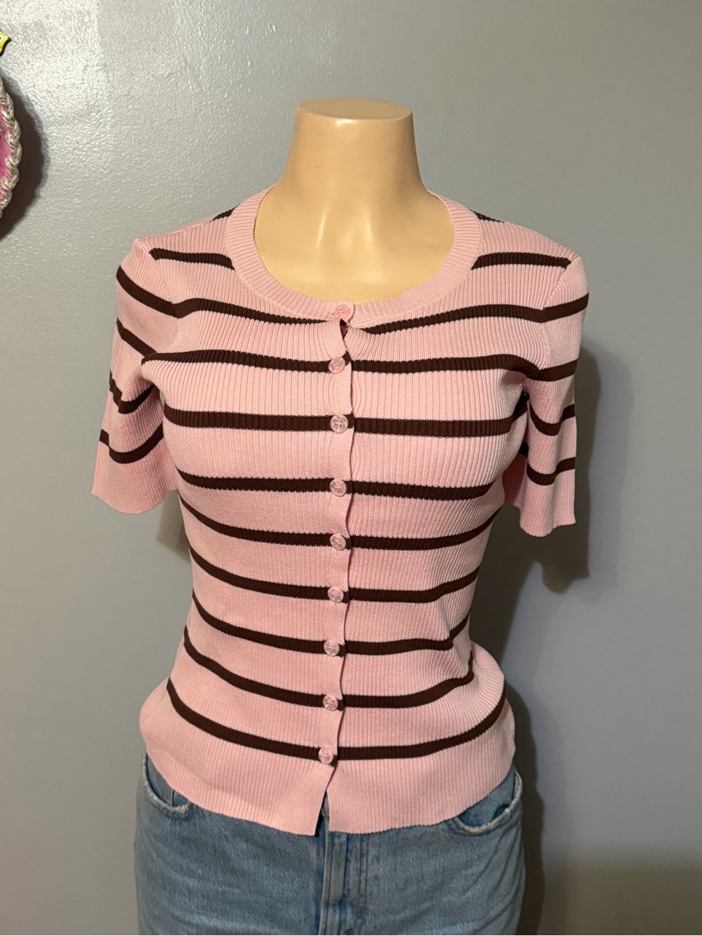 Workshop Republic Clothing Pink and Brown Striped Short Sleeve Button Cardigan